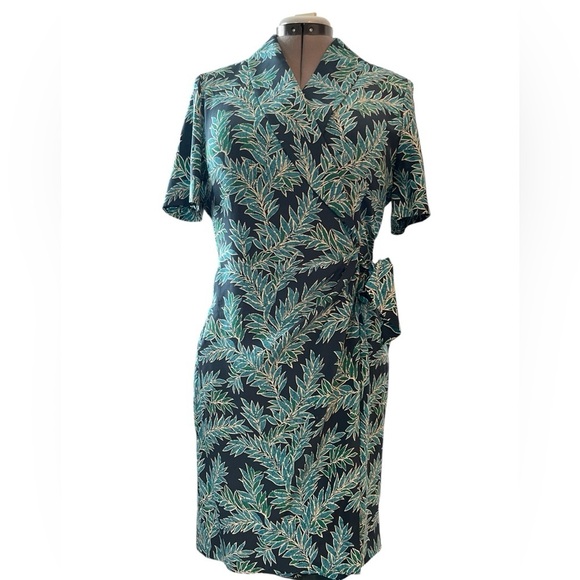 Adrianna Papell Vintage 100% Silk Wrap Tie Midi Dress Size 8| Teal Blue Tropical - Picture 1 of 9